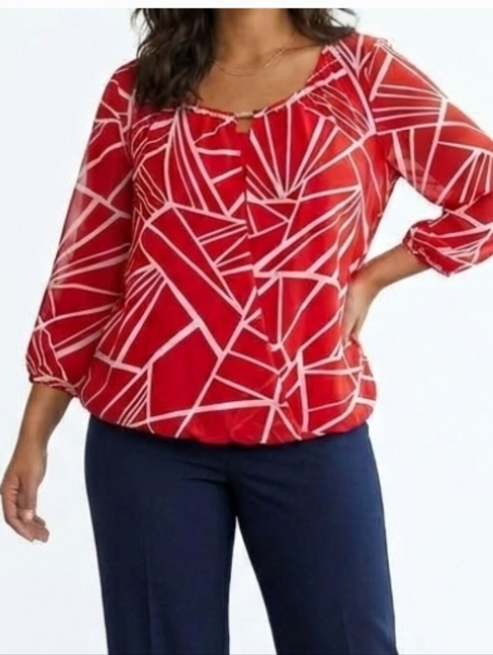 NWT Zac & Rachel Faux Wrap Peasant Blouse White Pomegranate Red Geo Print XL